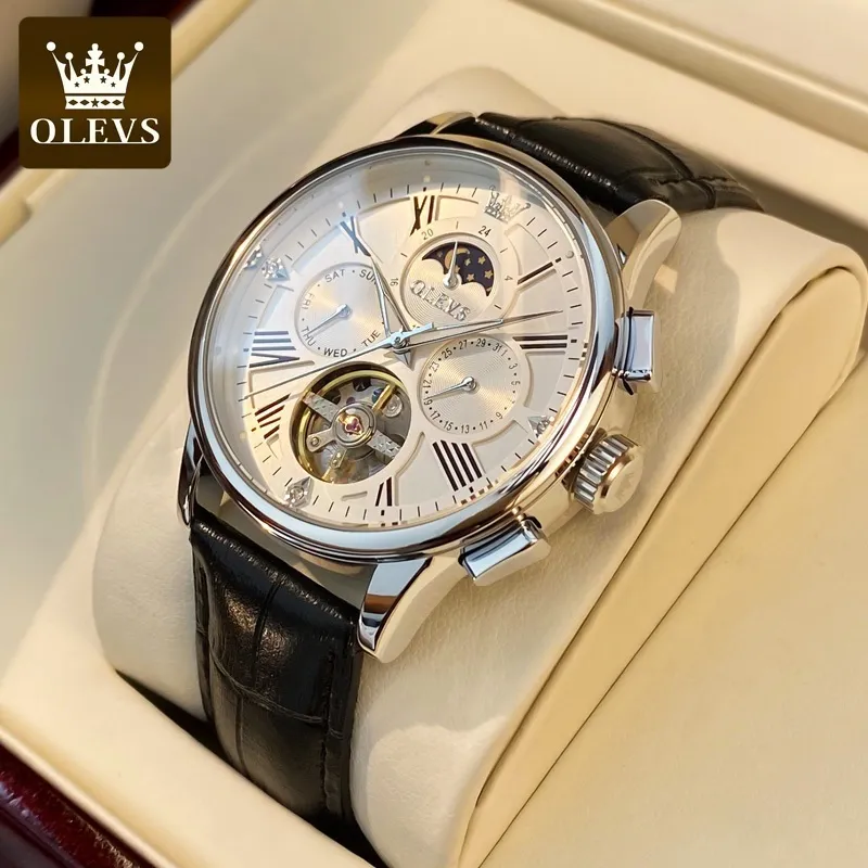 OLEVS Jam Tangan Automatic Pria Original Anti Air Kulit Led Luxury Mewah Putih Men Watch Cod