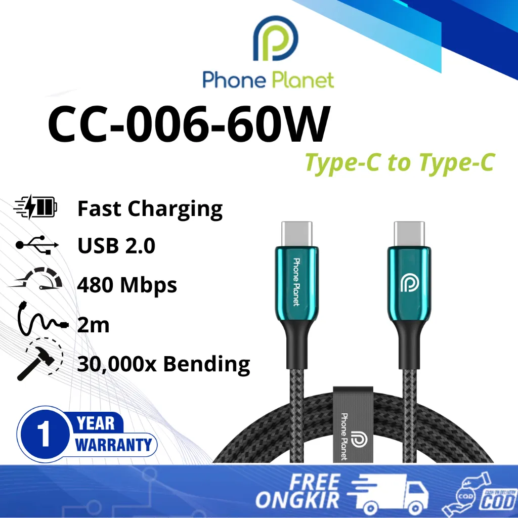 Phone Planet CC006 Kabel USB C to USB C 2M 60W Fast Charging Braided Zinc Alloy Laptop & Smartphone