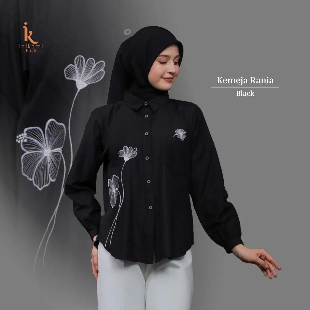Baju Wanita - Kemeja Rania Black Embroidery Flower