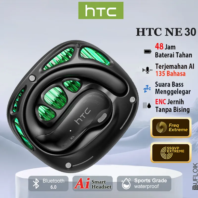 HTC NE30 True Wireless OWS AI Headphones Bluetooth V6.0 Earhook Terjemahan 134 Languages Gaming Headsets Open Ear