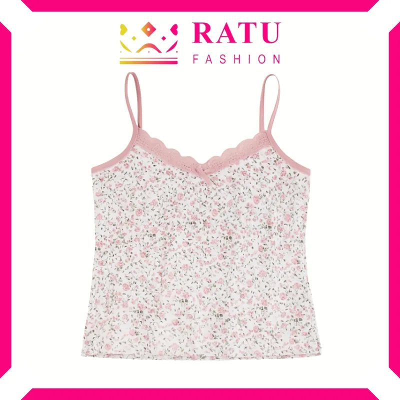 Ratufashion Baju Tanktop Fashion Wanita Corak Bunga Elastis Sexy Square Knit Fashion Korea BR1734