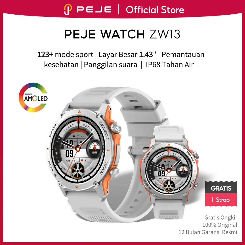 PEJE Smart Watch ZW13 1.43-inch AMOLED | IP68 Waterproof | Baterai Tahan lama | 123+ sport modes