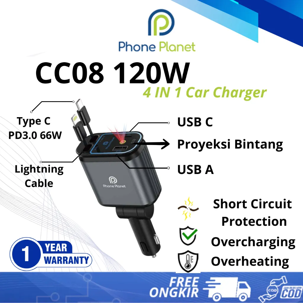 Phone Planet CC08 120W Car Charger 4 in 1 + LED, Star Light Projection, Kabel Retractable Type C & L