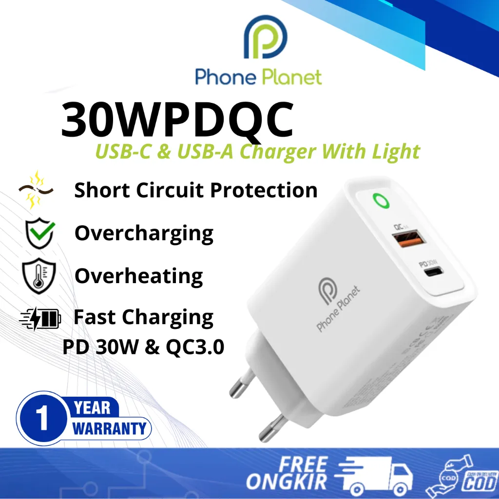 Phone Planet 30WPDQC Charger 30W USB C & USB A PD + QC 3.0 dengan Teknologi Fast Charging