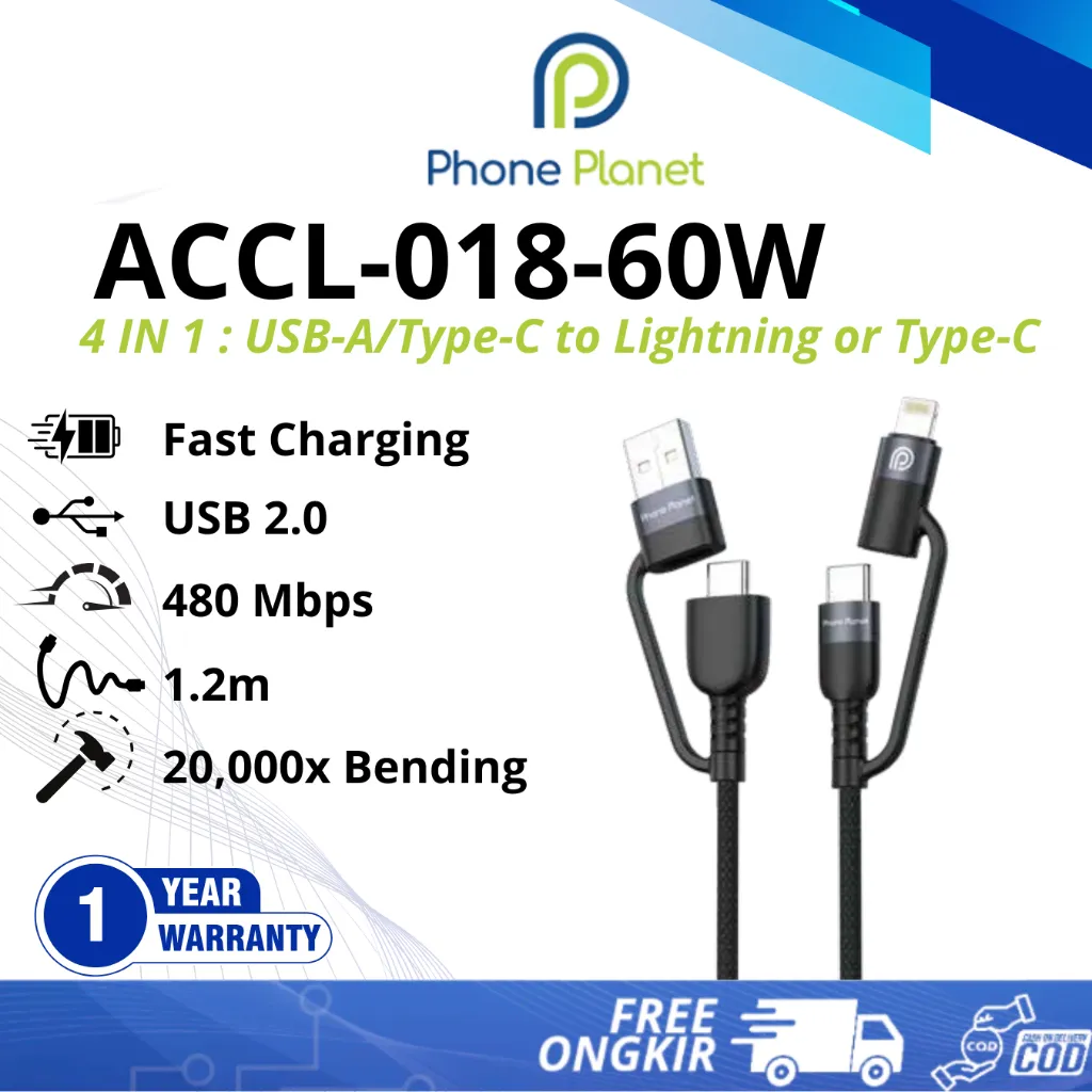 Phone Planet ACCL018 Charger 60W 4 in 1 Fast Charging & Data Cable USB A/Type C to Lightning/Type C