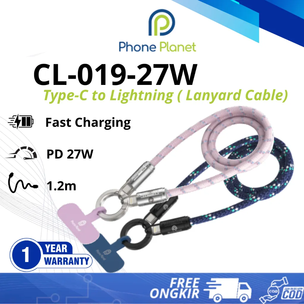 Phone Planet CL019 PD 27W Kabel Lanyard 2in1 Type C to Lightning, Fast Charging, 1.2M Braided Cable