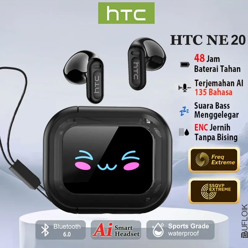 HTC NE20 TWS LCD Smart Headphones True Wireless AI Translation Earbuds Layar Multifungsi Dengan Tali Gaming Headsets