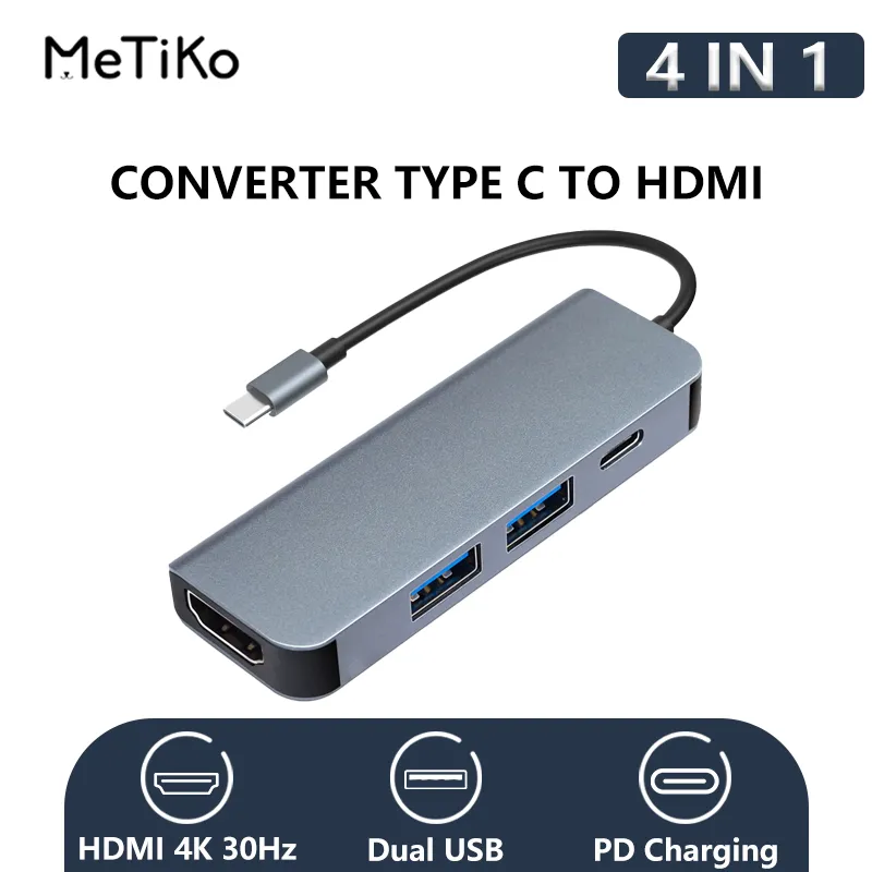 MeTiKo USB Hub 4 IN 1 Type-C To HDMI Converter USB 3.0 4K 30Hz Adapter Type C PD Charging