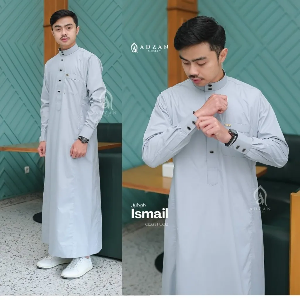 Adzan Moslem - Jubah Gamis Thobe Slimfit Pria Ismail Warna Abu Muda