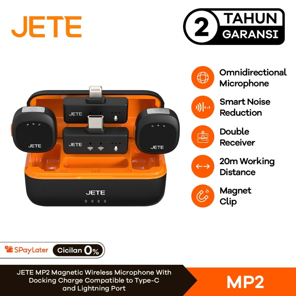 JETE Microphone Wireless MP2 Magnetic Mikrofon Type C With Adapter Lightning Mic Clip On Double Receiver With Charging Dock