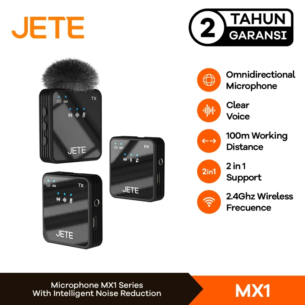 JETE Microphone Wireless MX1 Lavalier Mic Clip On Dual Mikrofon Plug Play Vlog Live Streaming
