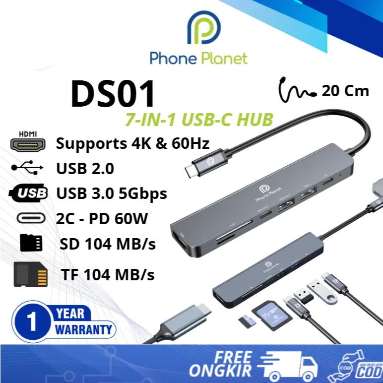 Phone Planet DS01 USB C Hub 7 in 1, HDMI 4K  30Hz, 2 PD 60W, USB 3.0 & 2.0, SD/TF Card Reader