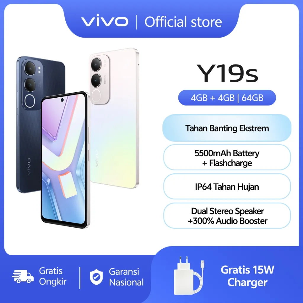 vivo Y19S (4/64) - 50 MP AI Camera, 5500mAh+15W FlashCharge, SGS Drop Resistance, IP64 Dust Waterproof, Dual Speaker Audio Boost