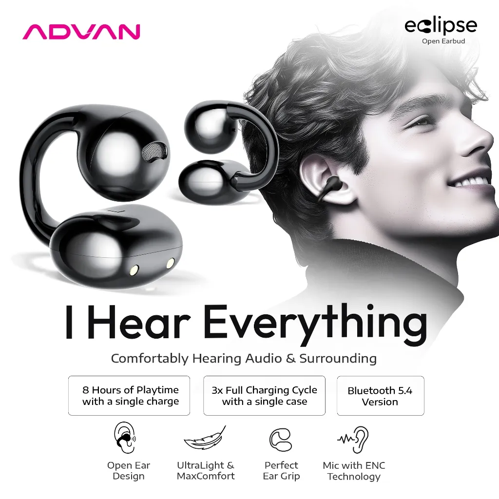 [BEST DEALS] ADVAN Eclipse | OWS | Ear Clip Open Ear | Bluetooth 5.4 Low Latency | IPX4 | Smart Touch Control | Mic With ENC | Fashionable Design Slim Model | Garansi Resmi 1 Tahun