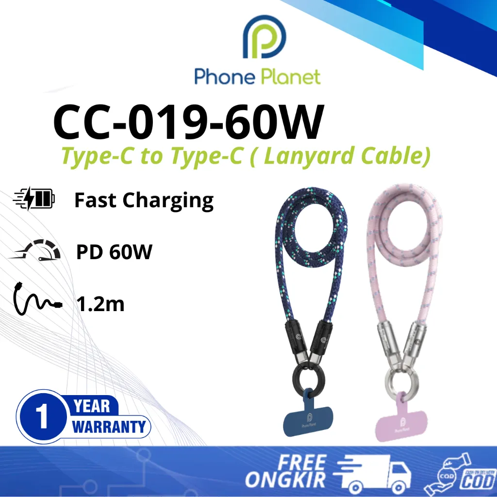 Phone Planet CC019 PD 60W Kabel Type C to Type C, 2 in 1 Lanyard, Panjang 1.2 Meter