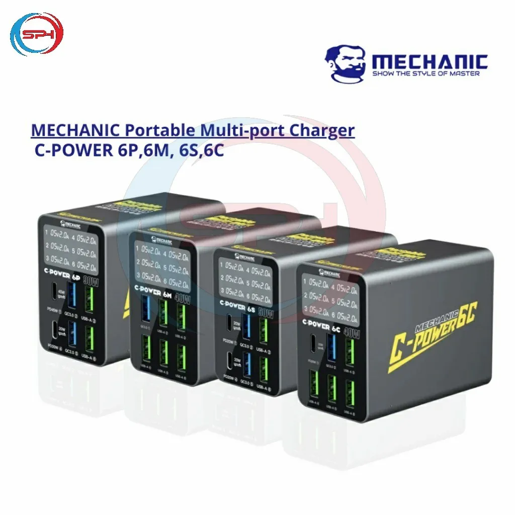 Mechanic USB C-POWER mekanik, 6M/6C/6P/6S Multi Port pengisian cepat portabel cerdas tampilan Digital Banyak perlindungan