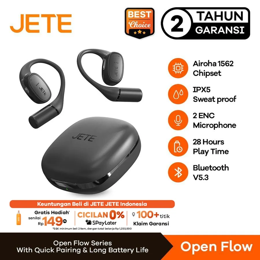 JETE Open Flow Headset Sport Open Ear IPX5 With 2 Mic ENC Bluetooth 5.3 Garansi Resmi 2 Tahun