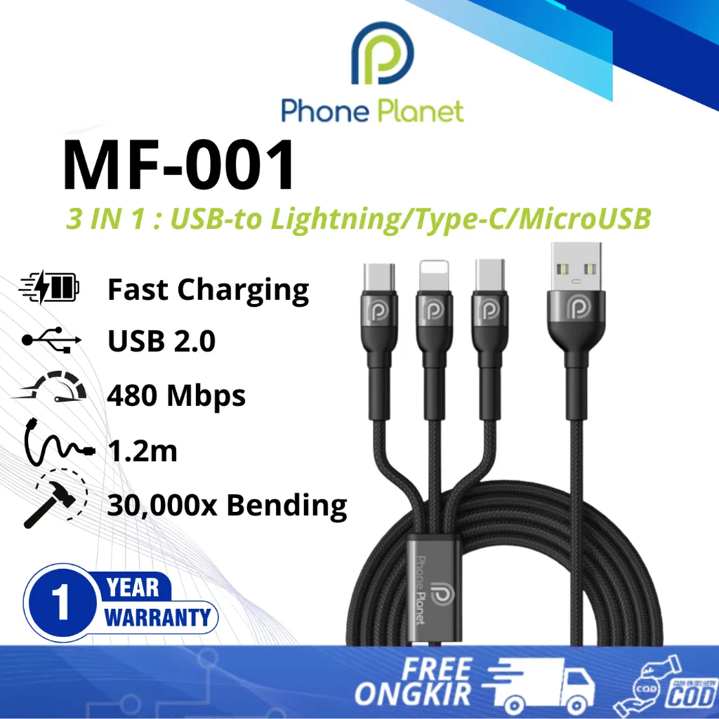 Phone Planet MF001 Kabel Fast Charging 3 in 1 Nylon Braided - USB A to Lightning/Type C/Micro USB