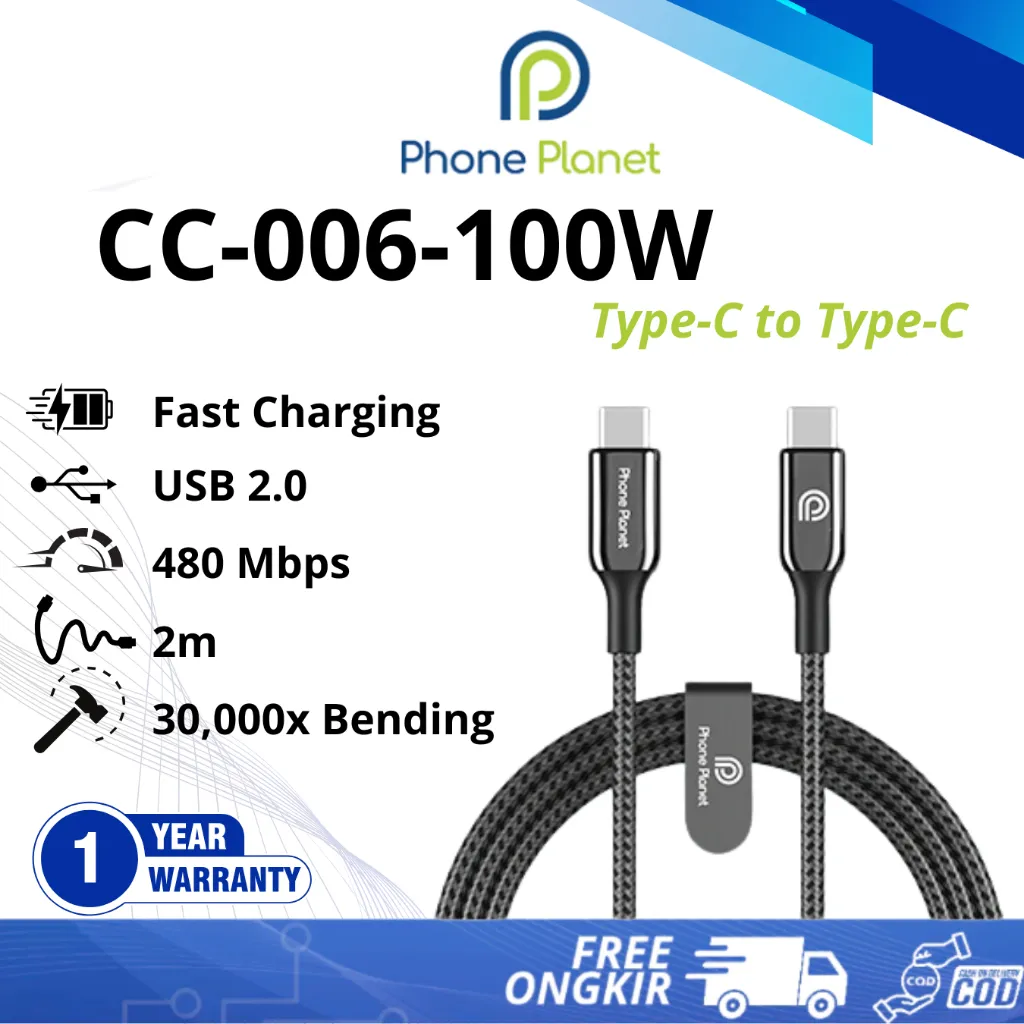 Phone Planet CC006 100W Kabel USB C to USB C Fast Charging Nylon Braided 2M