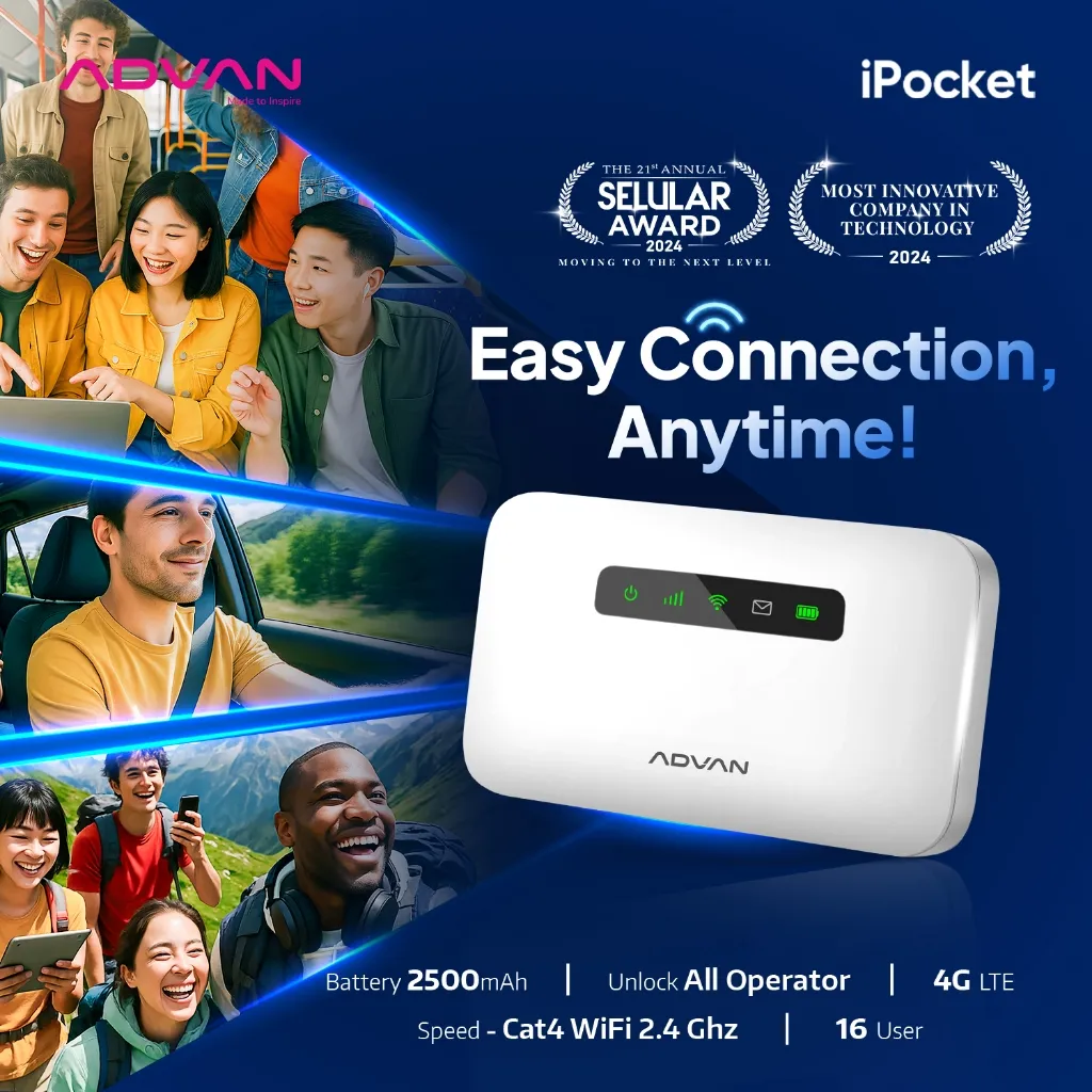 ADVAN Ipocket MIFI MF01 Modem | 4G LTE | Unlock All Operator | Baterai 2500 mAh | TKDN | Garansi Resmi 1 Tahun