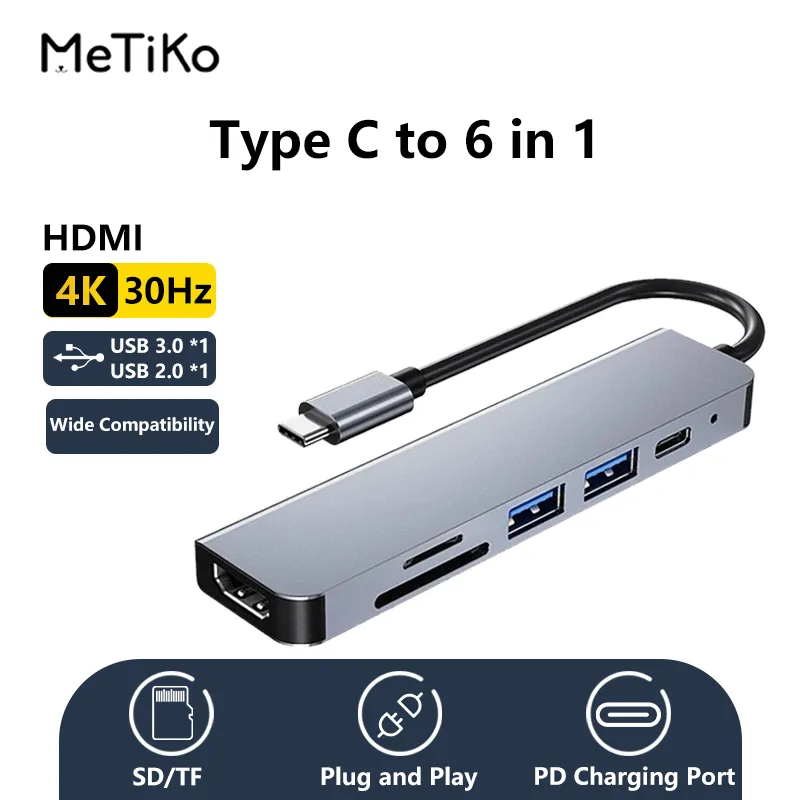 MeTiKo Converter Adapter Type C 6 In 1 to HDMI 4K USB Hub 3.0 PD SD/TF Card