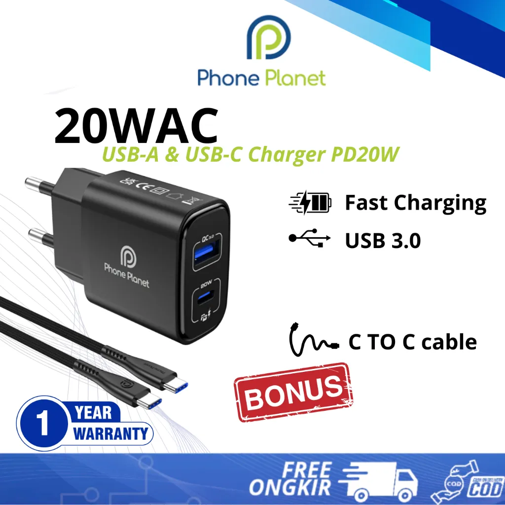 Phone Planet 20WAC Charger Bonus Kabel Type C to Type C dengan 20W Max A+C Dual Port