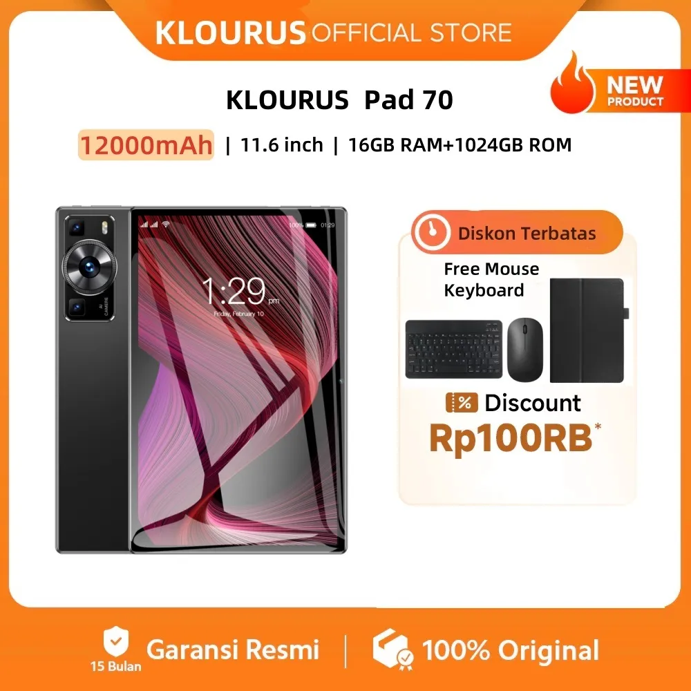 KLOURUS Tablet Pad 70 [16GB +1024GB] | IPS 11.6" | Tablet Murah untuk Belajar,Gaming, Kerja & Hiburan | 5G Dual SIM, WiFi Tablet Anak Android, Kamera 64MP | Kapasitas baterai besar 12000mA[KLOURUS Official Store]​