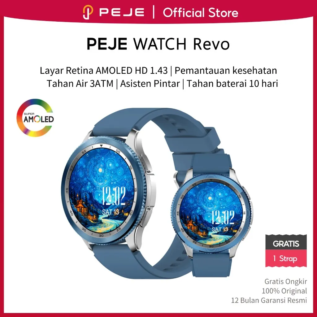 PEJE Revo Smartwatch Layar Retina AMOLED HD 1.43  Bluetooth Call Heart Rate Blood Oxygen Health Management 130+ Sport Modes 3ATM Waterproof Double Strap