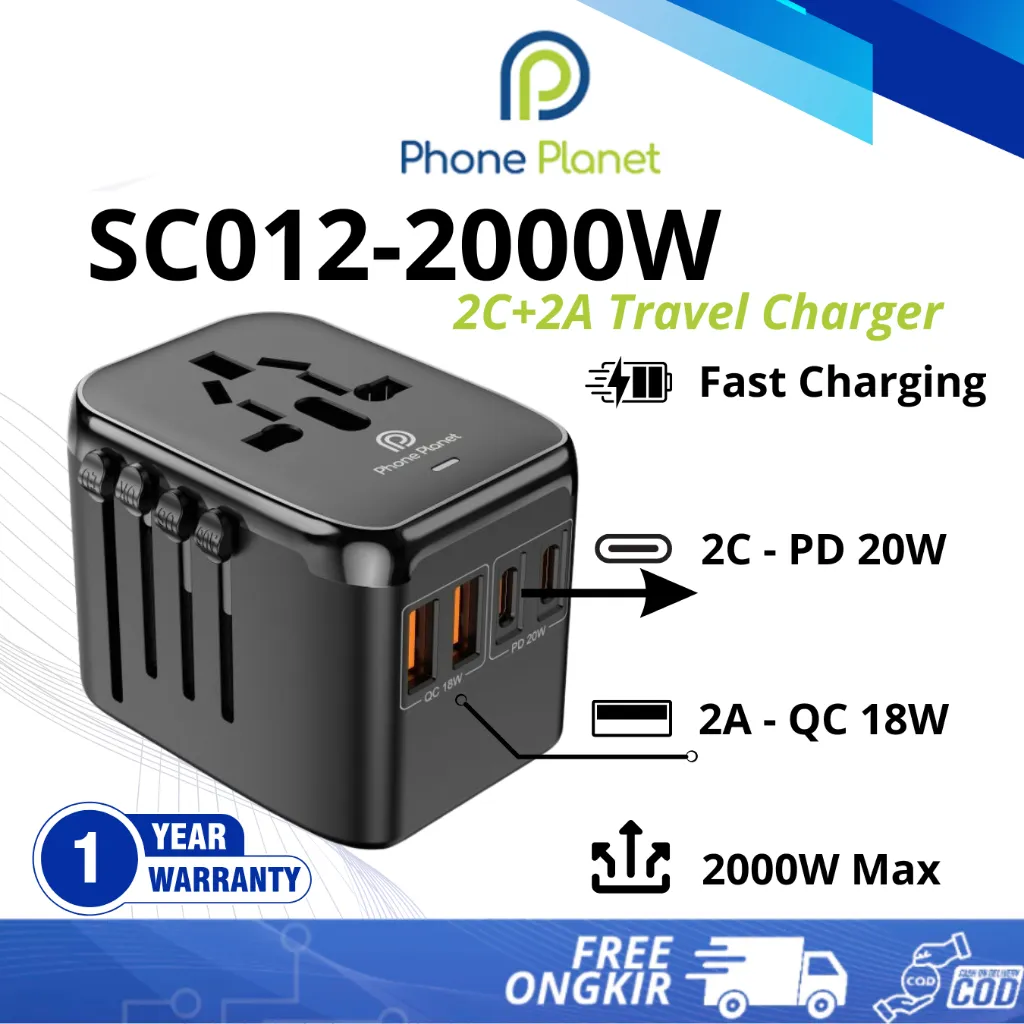 Phone Planet SC012 Universal Travel Adaptor |Quick Charger|6 in 1| Kompatibel UK, EU, US, AU | 2000W