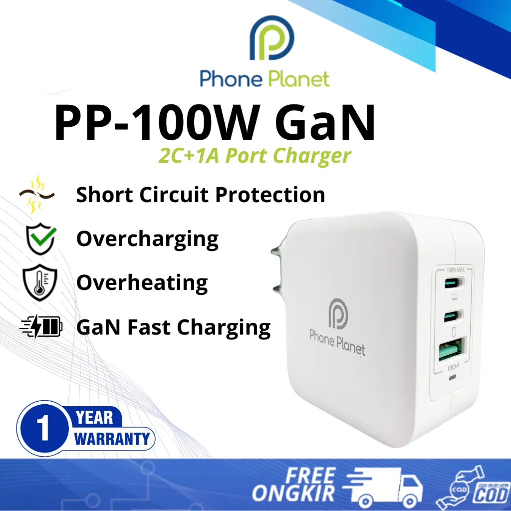 Phone Planet 100W GaN EU (2C1A) Charger 3 Port 100W 2 USB C + USB A GaN Fast Charger