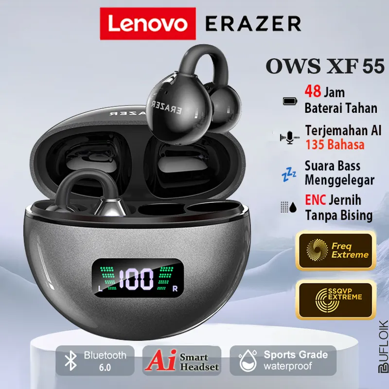 Lenovo ERAZER XF55 TWS Bluetooth Full Bass Headset Bluetooth Wireless Earphone OWS Gaming HIFI Stereo Ear Clips LED Power Display Sports Headphone