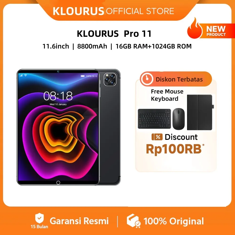 ​​[Free Mouse Keyboard]  KLOURUS Tablet Pro11(16GB + 1024GB) | IPS 11.6" | Tablet Murah untuk Belajar,Gaming, Kerja & Hiburan | 5G Dual SIM, WiFi Tablet Anak Android, Kamera 48MP | Kapasitas baterai besar 8800 mAh [KLOURUS Official Store]​