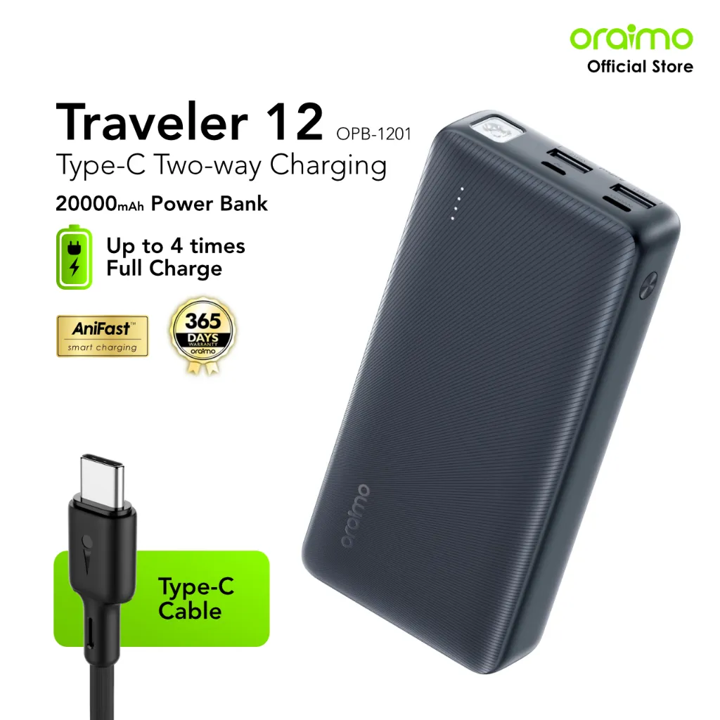 oraimo Powerbank Traveler 12 Kapasitas Nyata 20000mAh OPB-1201 Pengisian Cepat Tipe-C 2 Input 3 Output Senter LED Real Capacity Fast Charging Type-C Torch