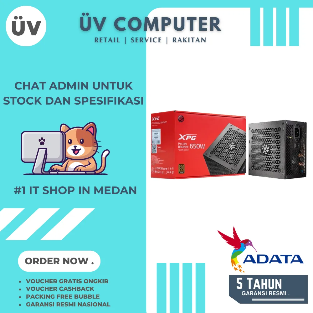 Power Supply PSU Internal PC Komputer ADATA XPG PYLON 650W | Black Htam | Non Modular 80+ Plus Bronze | bkn 600W Garansi 5 Tahun