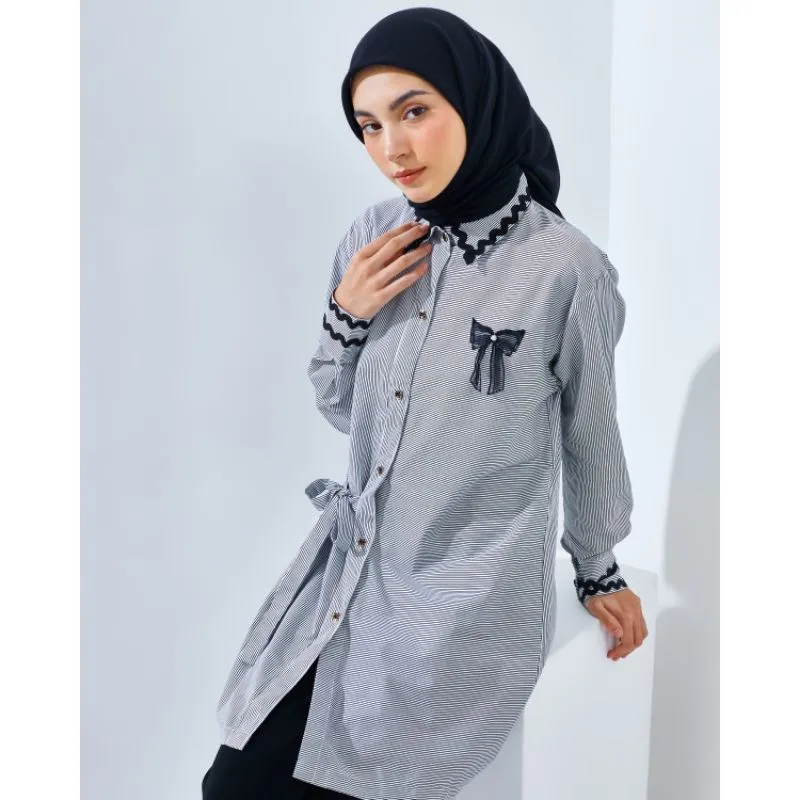 Kemeja tunik wanita strip hitam 100% katun detail pita payet bisa couple anak