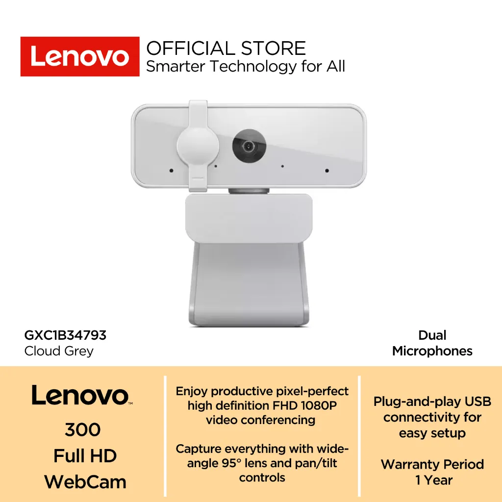 Lenovo 300 FHD Webcam Full HD 1080P 2MP CMOS Camera + Dual Mic USB Wired GXC1B34793 Cloud Grey