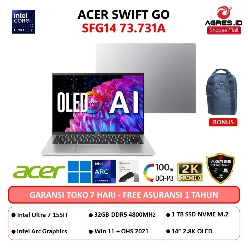 ACER SWIFT GO OLED SFG14 CORE ULTRA 7 155H 32GB 1TB W11+OHS 14.0 2.8K 90HZ EVO 2Y+ADP -73.731A
