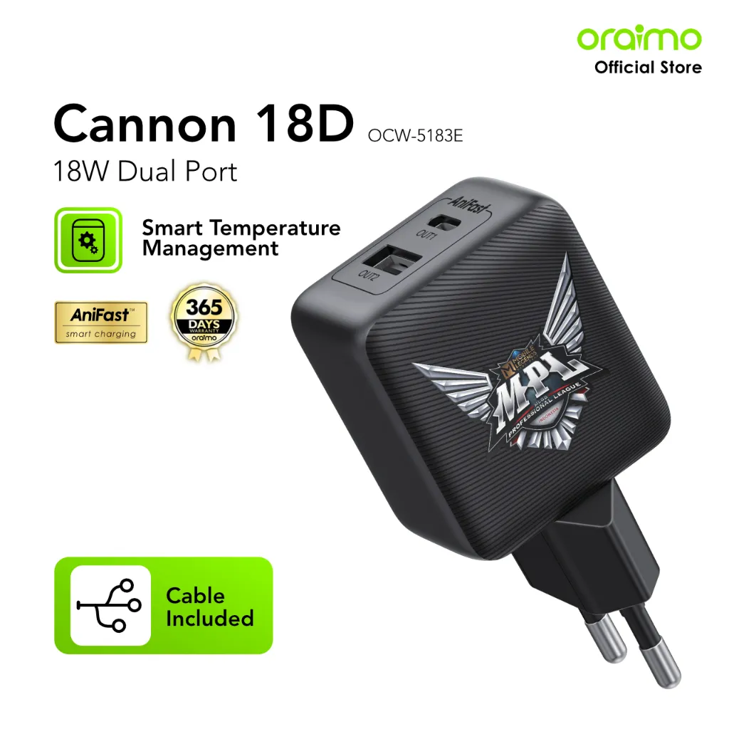 oraimo Charger X MPL Mobile Legends Cannon 18D OCW-5183E Dual Output 2A 18W Kompak Ukuran Mini Pengisian Cepat 3 Port Type-C Micro USB Dengan Kabel 1M Batok Adaptor Charger USB Fast Charging Compact Size Quick With Data Cable