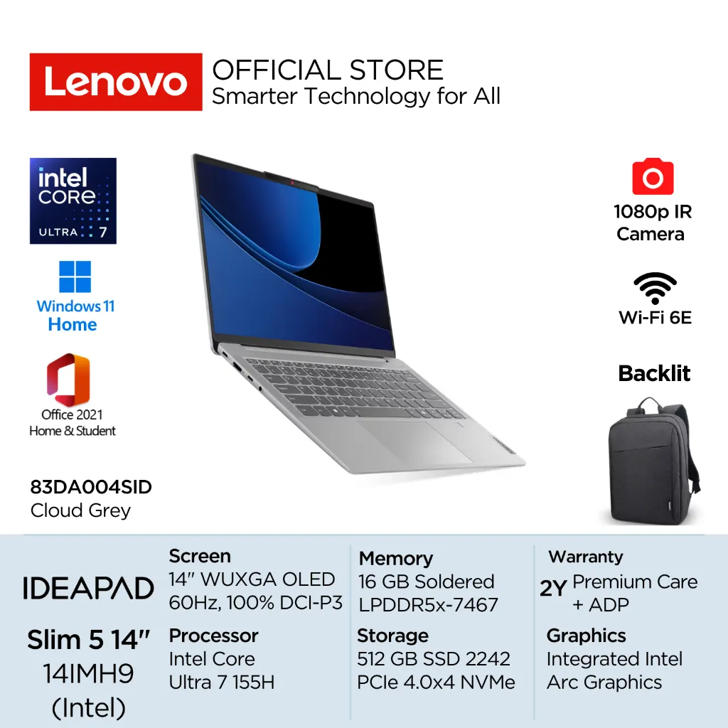 Lenovo IdeaPad Slim 5i 14IMH9 Intel Core Ultra 7 155H Win11 16GB 512GB SSD 14" WUXGA OLED 60Hz 100% DCI-P3 Integrated Arc OHS Backlit 1080p+IR 4SID 4UID Laptop 14inch Tipis MilSpec 83DA004SID Grey 83DA005UID Blue Windows Home Office