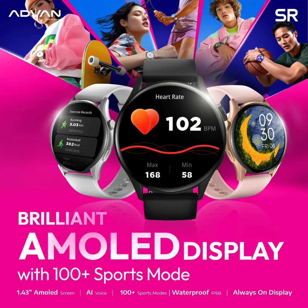 ADVAN Smartwatch SR | Amoled Display 1.43" | Bluetooth Call | Ai Voice Assistant | Waterproof IP68 |  Bluetooth 5.2 | 100+ Mode Sport | Material ZInc Alloy | Up To 15-Days Battery Life