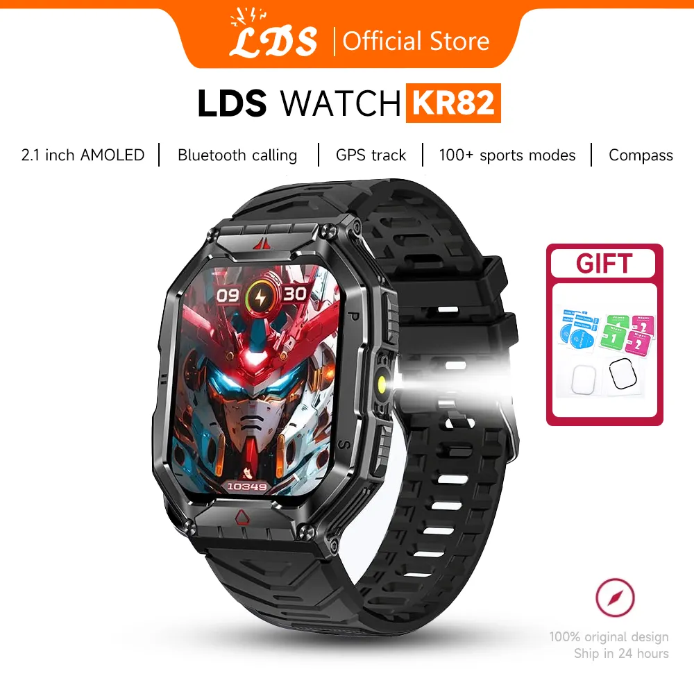 LDS Outdoor Smartwatch KR82 Compass Flashlight Altitude Pressure 100+Sports Modes 3ATM Waterproof  Bluetooth Call Smart Watch 650mAh Long Battery Life Mini Game 2.1 Amoled Full Screen Anti-scratch Jam Running Pria