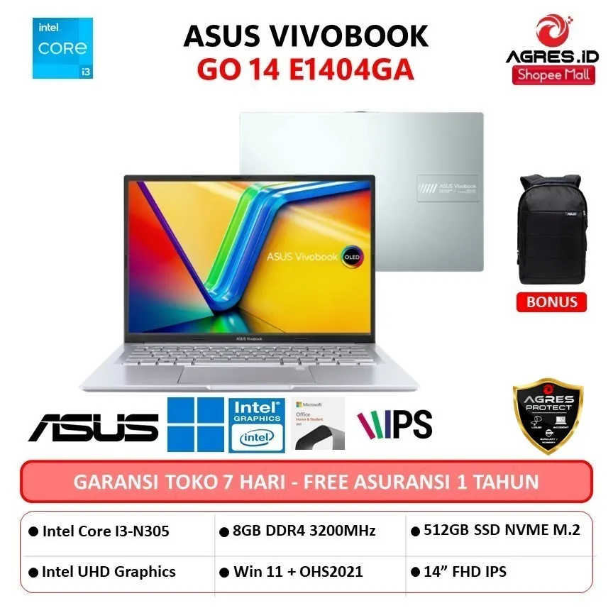 ASUS VIVOBOOK GO 14 E1404GA I3 N305 8CORE 8GB 512GB W11+OHS 14.0FHD BLK -FHD354 + BACKPACK
