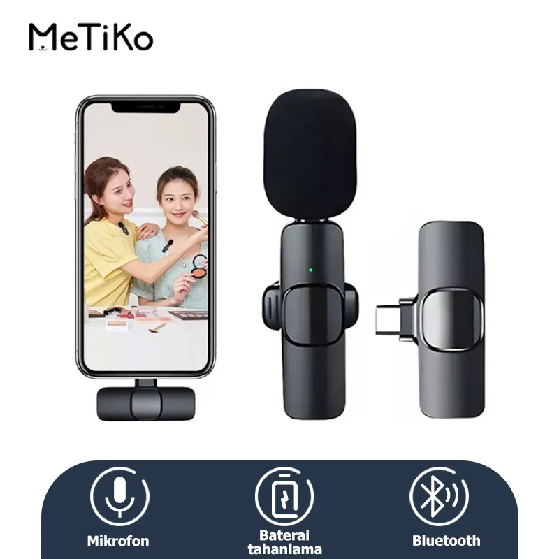 MeTiKo Mic Mikrofon Nirkabel HP Video Lavalier Microphone Portable Mic Wireless/berkendara gratis/Pasang dan mainkan pembuatan Rekaman HP Klip Untuk IPhone Android Mic Wireless HP