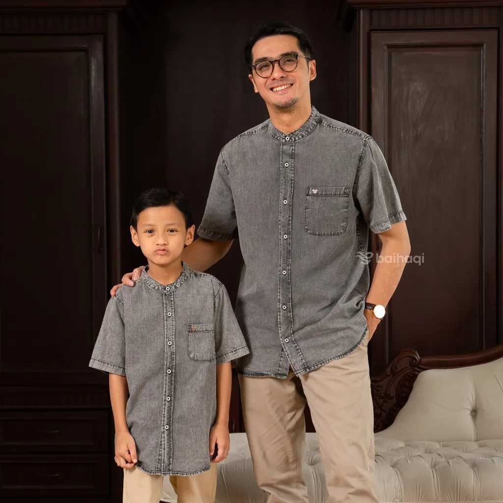 Baihaqi Twin Denim Snow Black Kemeja Koko Couple Ayah dan Anak BKAP55D