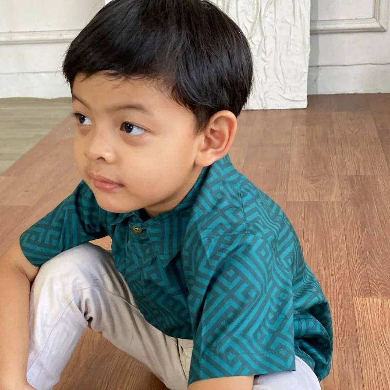 ALDEBARANKIDS- Kemeja Anak 100% Katun Print Lengan Pendek hijau emerald