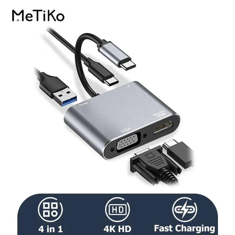 MeTiKo Converter Hub 4 IN 1 USB C Type-C To HDMI VGA HUB Adapter Travel 4K VGA USB 3.0