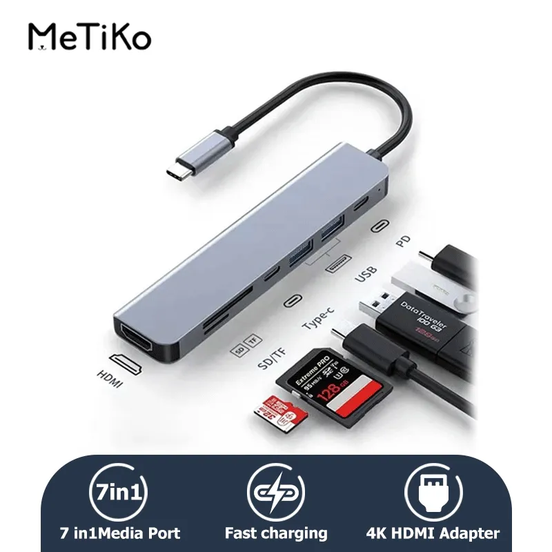 MeTiKo USB C Hub Type-C 3.1 To 4K HDMI-Compatible USB SD/TF Card Reader PD Fast Charge 7 In 1 USB Dock For Macbook PC_hdmi-7in1