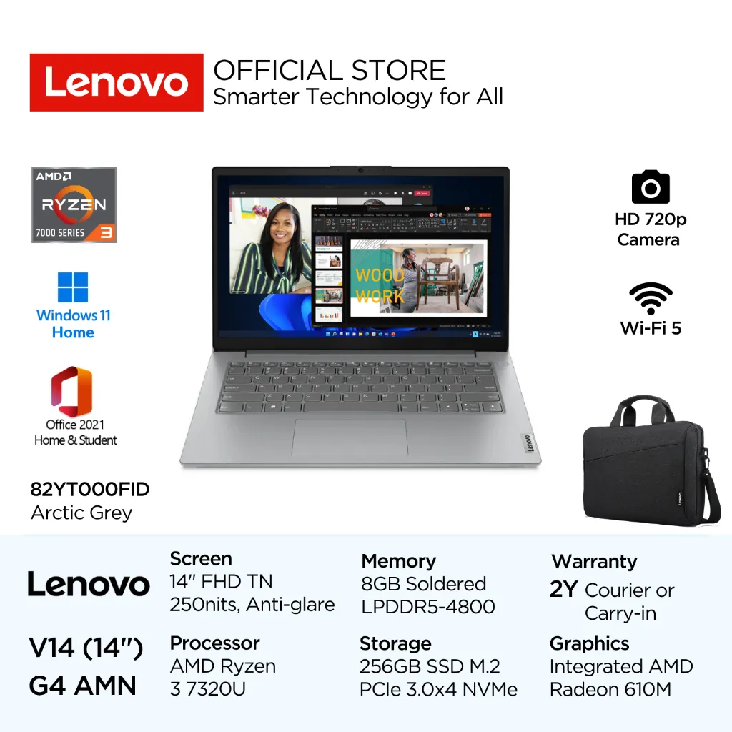 Lenovo V14 G4 AMN 0FID AMD Ryzen 3 7320U Win11 Home 8GB 256GB SSD 14" FHD TN 250nits 60Hz 45% NTSC Antiglare Integrated Radeon 610M Laptop Bisnis 14inch OHS 82YT000FID Arctic Grey Wi-Fi 5 HD720p Camera Windows Office Garansi Resmi 2Y Courier or Carry-in