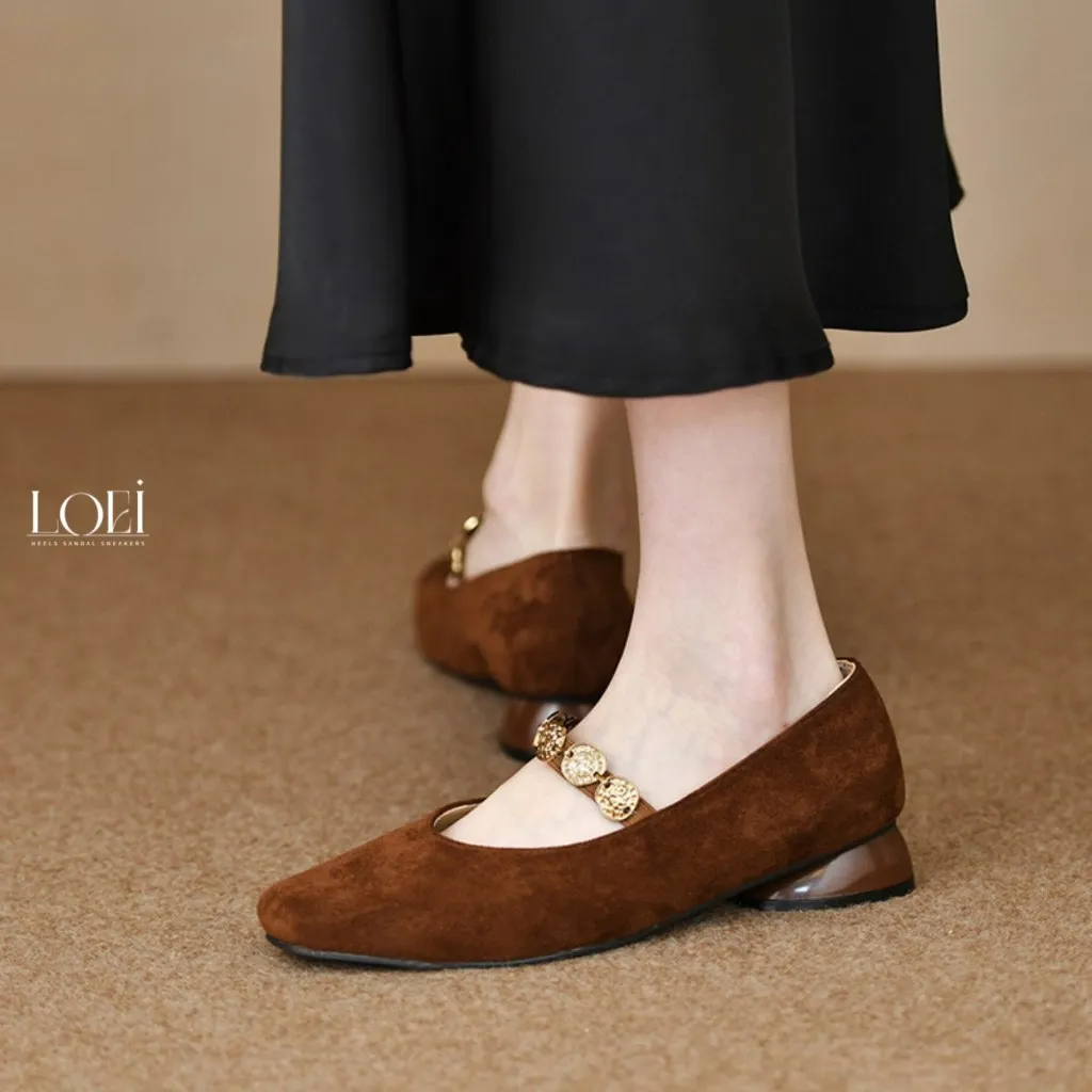 LOEI Yovela Sepatu Mary Jane Modern Suede Rantai Emas Viral Heels Fashion Wanita 1463