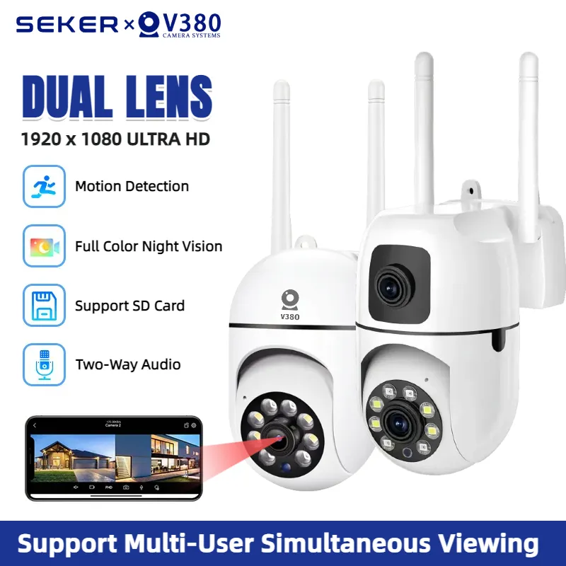 V380 Pro Dual Lens Outdoor CCTV Wifi HD Human Tracking Malam Lensa IP66 Weather-Proof CCTV Kamera